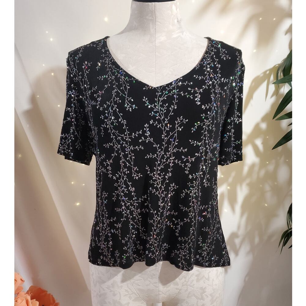 Vtg 90s Ronni Nicole Rainbow Sparkle V-Neck Slinky Stretch Top Size L Black Glam